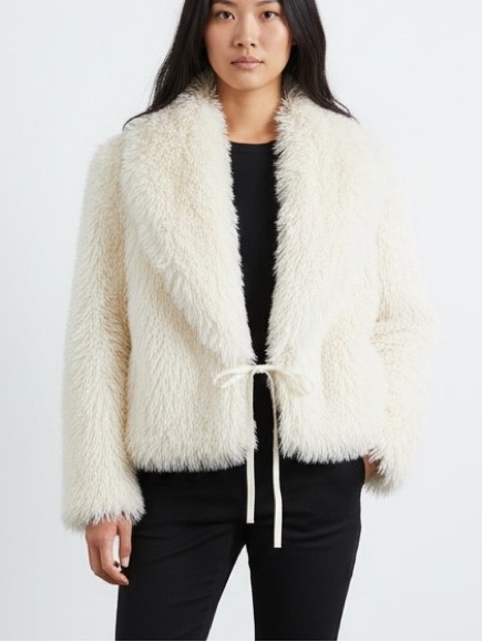 Patrizia Pepe Cream Faux Fur Shortjacket With Double Ribbon Tie Front